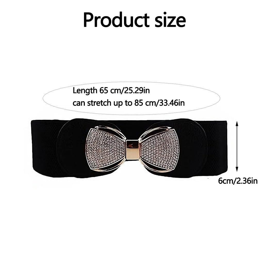 Zibuyu Wide Elastic Belt for Women featuring Gold Bowknot & Diamond | Stretch 65–85cm Black Faux Leather