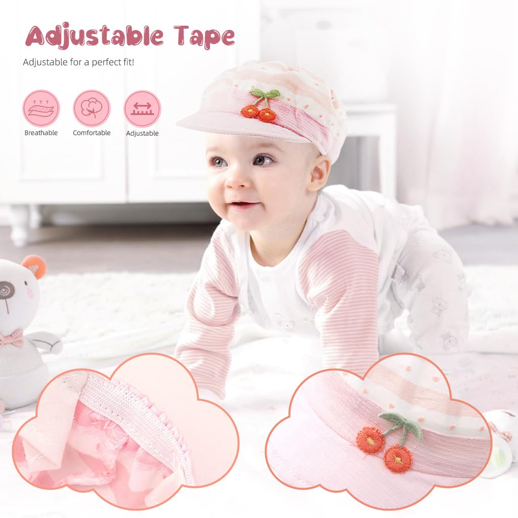 SNOWIE SOFT Baby Cap Baby Girls Sun Visor Hat Cute Pink Embroidery Sun Cap for Baby Girls Sun Visor Hat Outdoor Sun Protection Baby Sun Cap Baby Shower Gift Baby Caps for Born 0-6 Months Girl