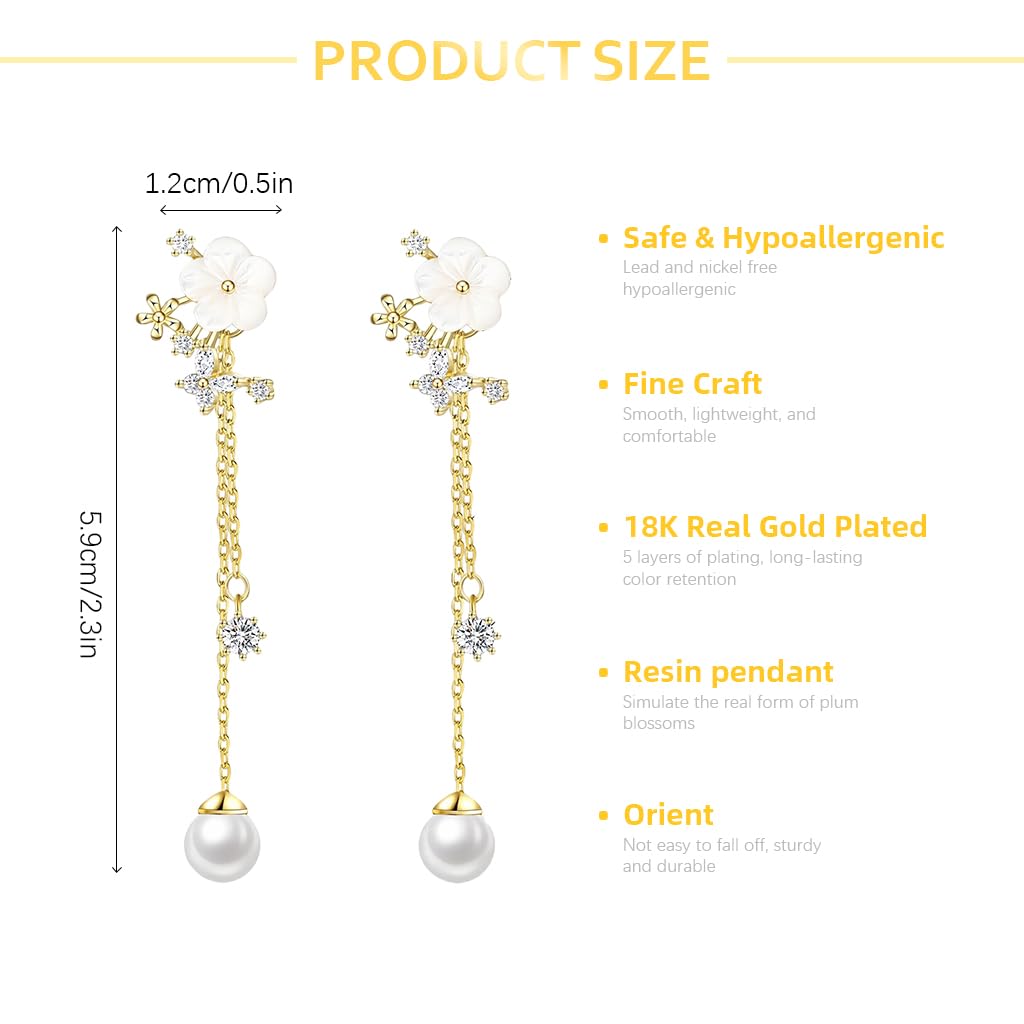 SANNIDHI Dangle Pearl Drop Earrings for Women featuring Floral CZ Charm & 14K Gold Chain