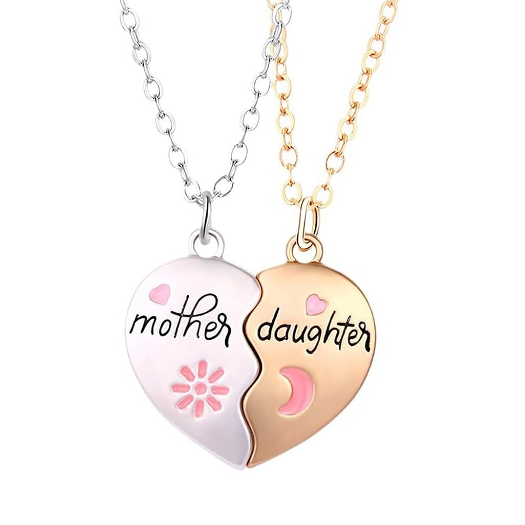 SANNIDHI® Mother's Day Gift Set of 2Pcs Necklace Magnetic Pairing Heart-shape Pendent Necklace for Mother Daughter Necklace Carving Charm Necklace Jewelry Gift for Mother Gift Packing
