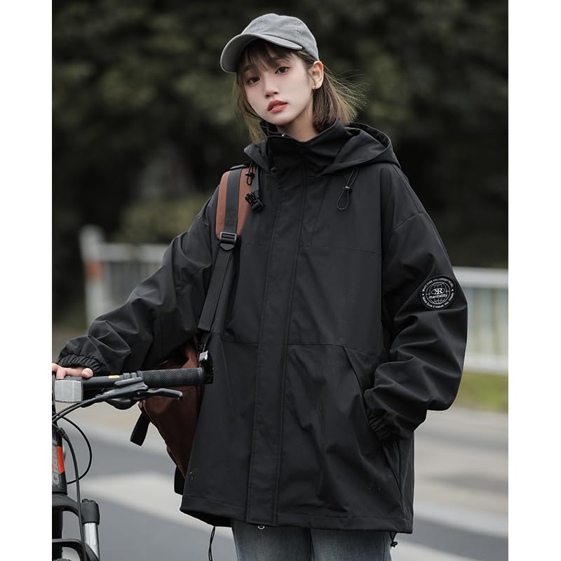 Venzina® Outdoor Hiking Jacket for Women, Splashproof Hoodie with Elastic Windproof Cuffs, Zippered Pockets, Double-Layer Thermal Design, Fashion Patchwork Jacket for Hiking & Urban Commute, Black-L