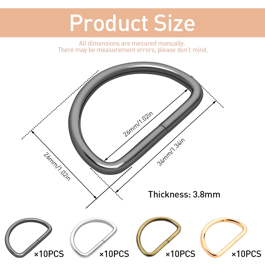 HASTHIP Metal D Rings for DIY Leather Crafting with Smooth Edges and 4 Colors | 40pcs Set