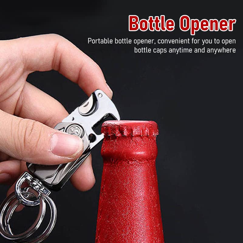 STHIRA® Multifunction Keychain for Men, Dual Ring Metal Car Key Chain with Cutter, Bottle Opener, Mobile Phone Holder, Fingertip Gyro, Outdoor Carabiner Portable Car Key Chain for Men Women