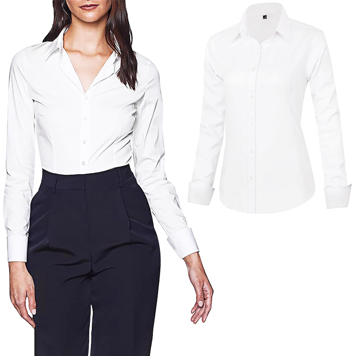 PALAY® Women's Long Sleeve Classic-Fit Dress Shirts Button Down Wrinkle-Free Stretch Executive Solid Casual Work Office Blouse Top, L