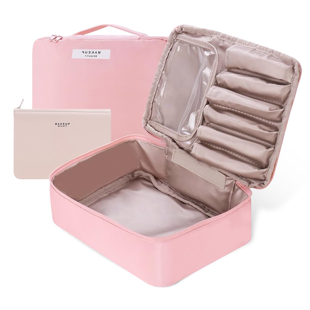 ZIBUYU Makeup Bag for Travel with 6 Brush Sleeves and Zipper Pouch | Waterproof 23x16.5x8cm