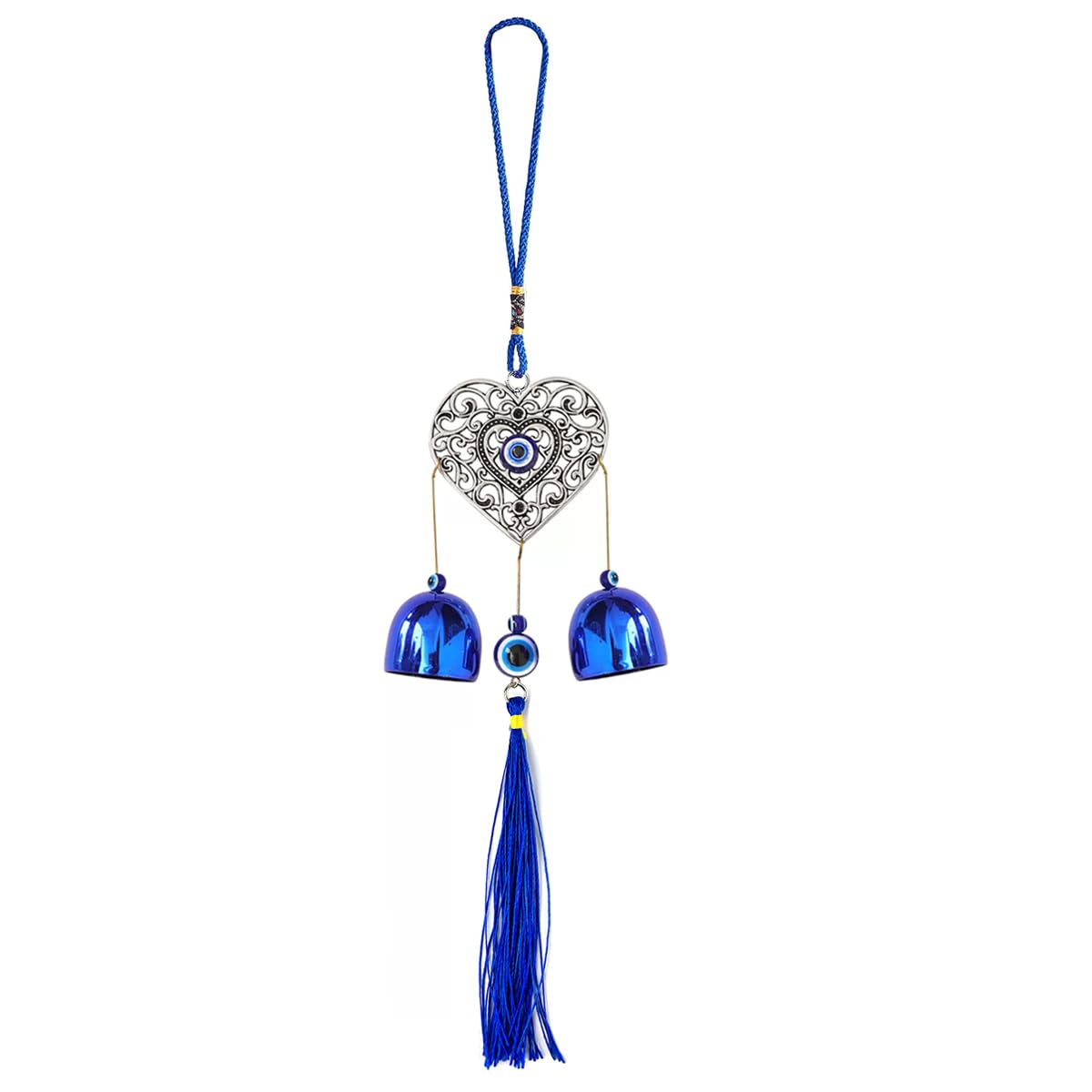 HASTHIP Door Hanging Bell for Home Decor featuring Dual Bells and Hollow Heart Evil Eye Charm