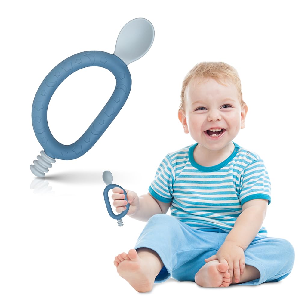 SNOWIE SOFT® Baby Spoon 2 in 1 Baby Spoon Teether Spoon Feeding Spoon Innovative Loop Grip Self-feeding Spoon Food Grade BPA Free Soft Silicone Spoon Heat Resistant Baby Spoon for 6 Month+, Blue