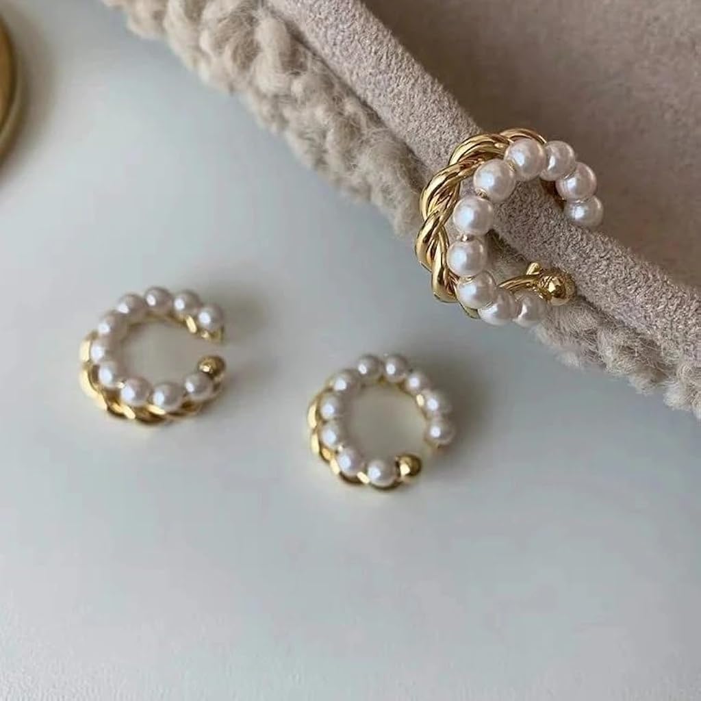 ZIBUYU® Pearl Braided Ear Cuffs Without Piercing Cartilage Clip Hoops Earrings For Women Ring Shape Fashion Embellished Non Pierce For Teen Girls Minimalist Jewelry Gifts 2PCS