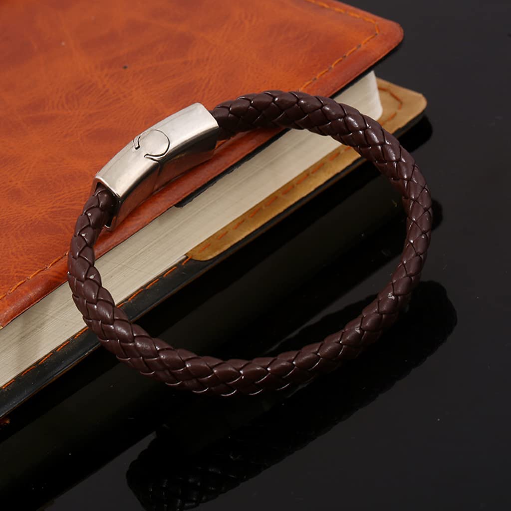 Zibuyu Bracelet for Men with Magnetic Clasp and Braided Genuine Leather 8.46 in Brown | 3 Pcs Set