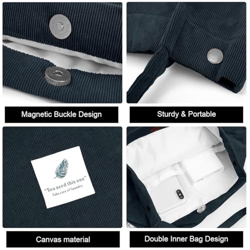 PALAY® Classic Tote Bag Corduroy Solid Color Hand Bag For Women Shoulder Shopping Large Grocery Dark Blue 3PCS