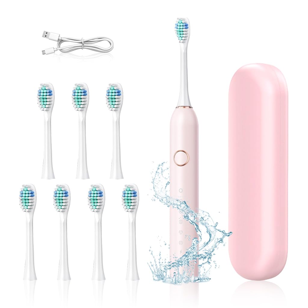 HANNEA® Electric Toothbrush for Adult Soft Bristles Electric Toothbrush with 8 Replacement Brush Heads Ultra Sonic Toothbrush with 6 Cleaing Modes USB Electric Toothbrush, with Storage Case