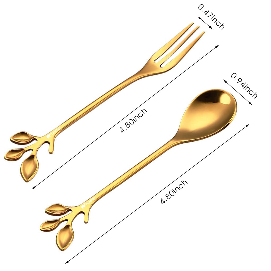 HASTHIP Coffee Spoon and Dessert Fork Set for Tea and Appetizers with Leaf Design | 4 Pcs 4.7 in Stainless Steel Gold Tableware