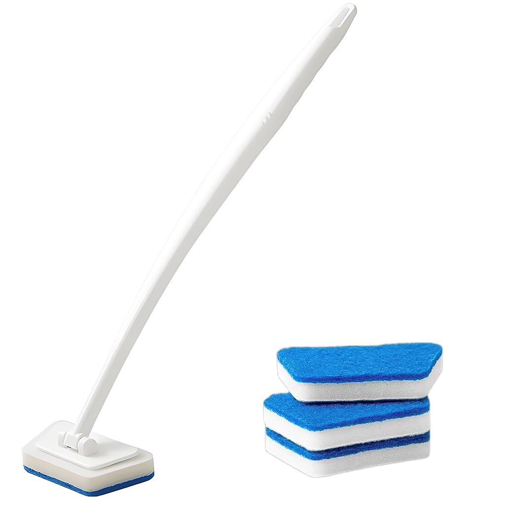 HASTHIP Bathtub Scrub Brush for Kitchen and Bathroom with 22 in Handle & 3 Refills | Trapezoidal Sponge Design