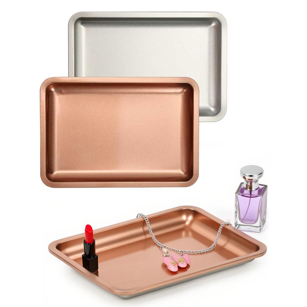 HASTHIP Stainless Steel Jewelry Organizer Trays for Dressers with Dual Colors 12.5x17.9cm | Silver and Rose Gold Rectangular Storage for Vanity or Kitchen