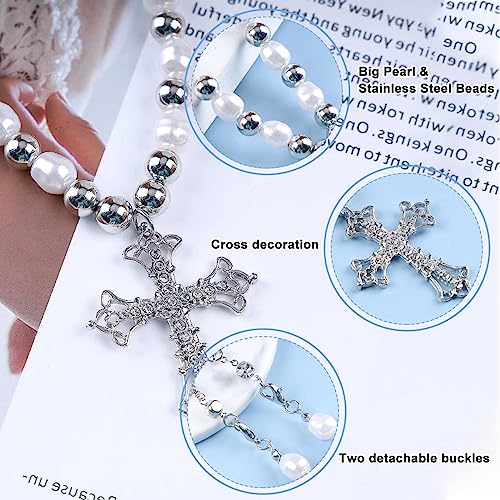 Venzina® Cross Necklace for Women, Girls Cross Pendant Chain for Women Crystal Pearl Pendant Stainless Steel Beads Cross Pendant Necklace, Cool Punk Bling Chain Pendant Jewellery Gift for Women - 1