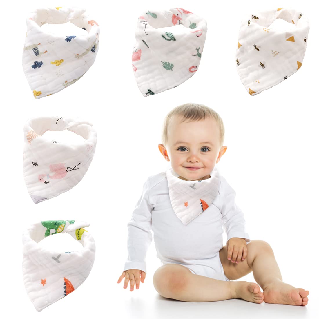 SNOWIE SOFT Baby Bibs for Drooling and Feeding with 8 Cotton Layers, 5pcs Set | Adjustable Snaps for 6–24 Months