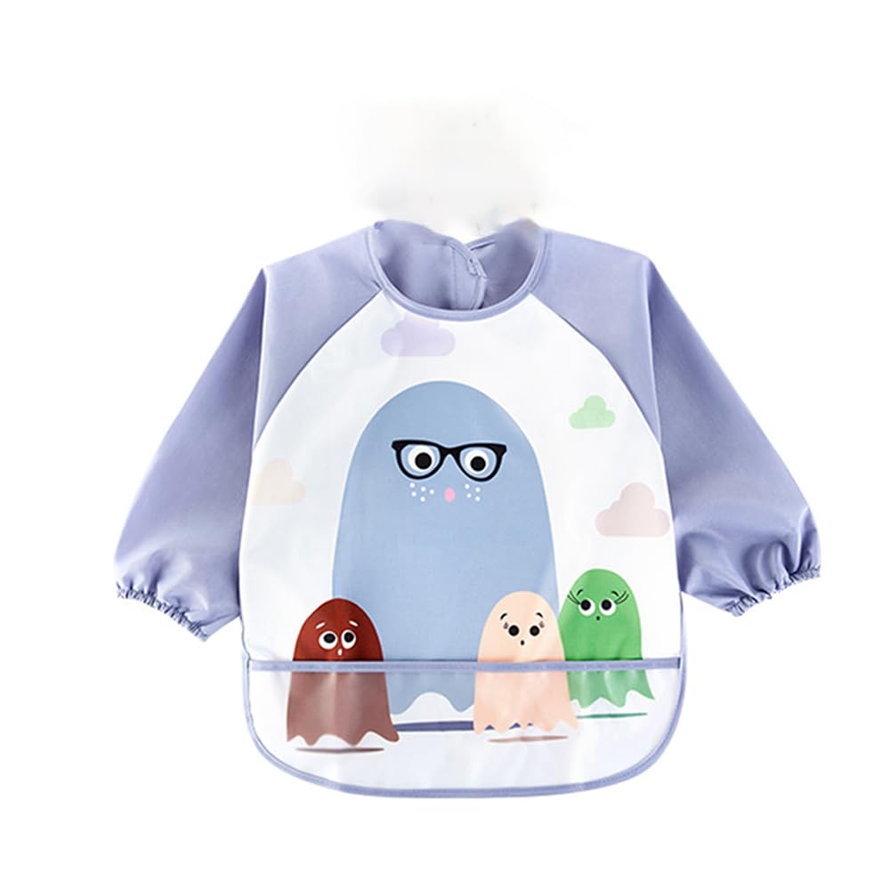 SNOWIE SOFT Sleeved Baby Bib for Feeding with Crumb Catcher Pocket 43cm Length | Waterproof Purple Fabric for 6–24 Month Toddlers