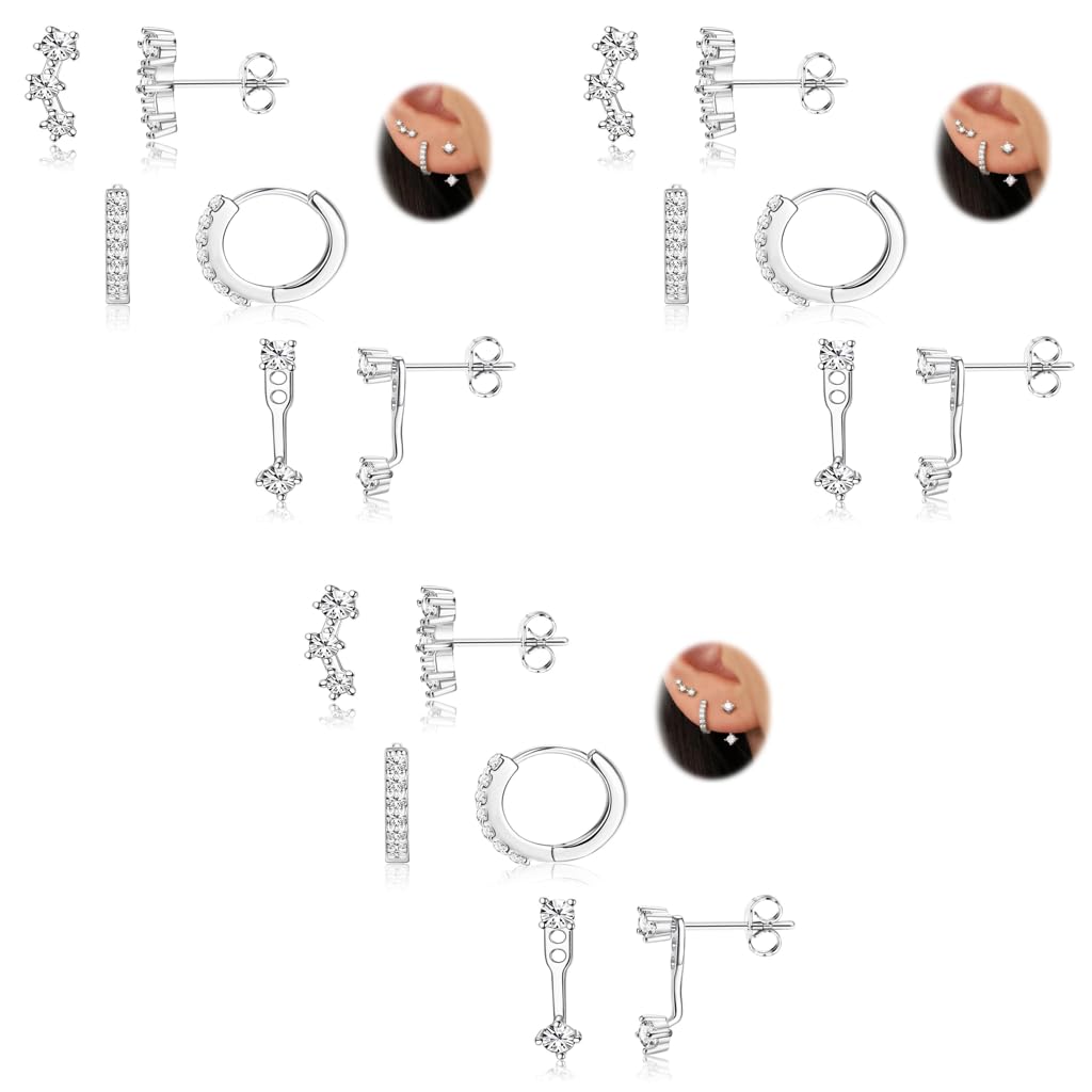 SANNIDHI Ear Studs Set for Women with 3 Pairs Zircon Silver Earrings | Hypoallergenic Gift