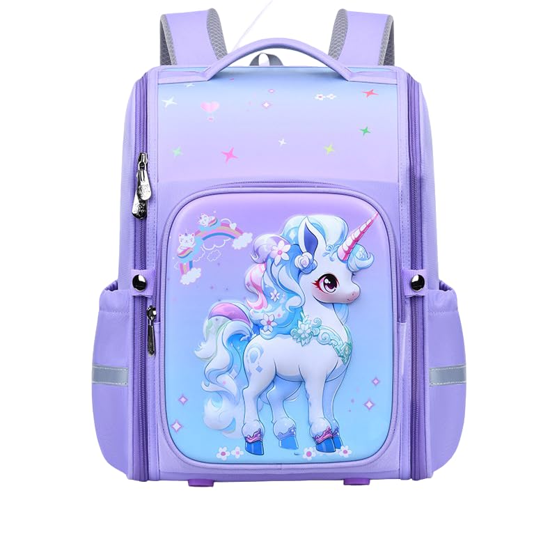 PALAY® School Backpack for Girls Cartoon Purple Unicorn Backpack Double Layer Waterproof Book Bag Students Backpack Burden-Relief School Backpack for Girls 6-12 Years Old Birthday Gift, 30x18x40cm