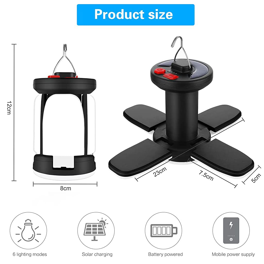 ELEPHANTBOAT Solar Camping Light for Outdoor Use with 60 LED Beads and 4 Folding Wings | USB and Solar Rechargeable Lantern