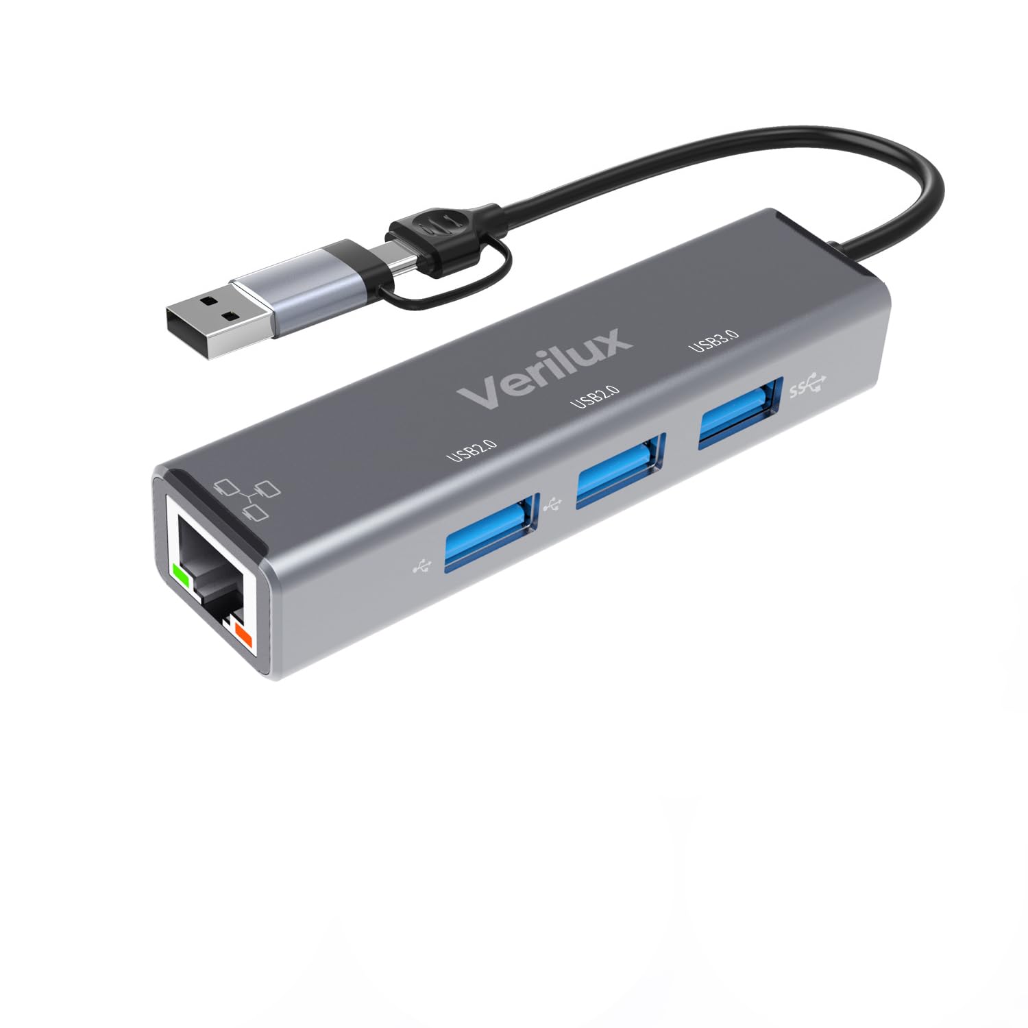 Verilux® USB C Hub 4 in 1 USB Type C Hub with USB Adapter USB Hub with 100Mbps RJ45 LAN Port and 2 USB 2.0 Ports and 1 USB 3.0 Port for MacBook Air/Pro 13/15 and More