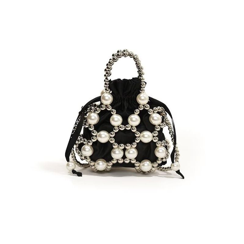 PALAY Small Drawstring Shoulder Bag Fashion Beaded Chain Crossbody Bag White Acrylic Pearl Embellishment Phone Sling Bag Casual Small Bag with Handle Evening Bag Handbag, 14x16cm