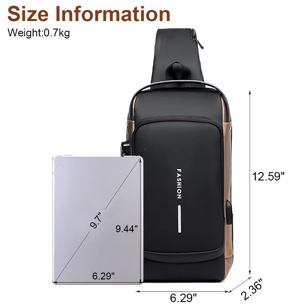 ZIBUYU Chest Bag for Men Waterproof Anti Theft Sling Bag Travel Oxford Cloth with Safety Password Lock USB Port Crossbody Outdoor Bag for Men, Black