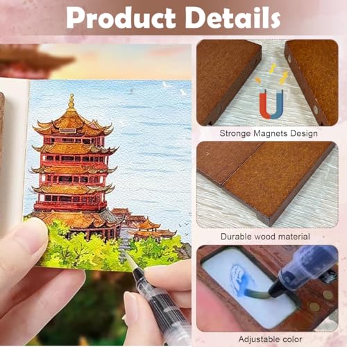 HASTHIP® Pocket Watercolor Acrylic Paint Set 12-Color 5ML Tubes Mini 8-Grid Palette Brush Pen Portable Travel Sketching Kit with Drawing Book X3