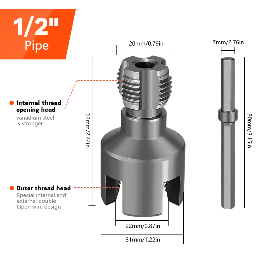 Serplex Pipe Threading Die Head for Electric Drill with Hex Shank and 1/2 in NPT Threads | Chrome Vanadium Steel
