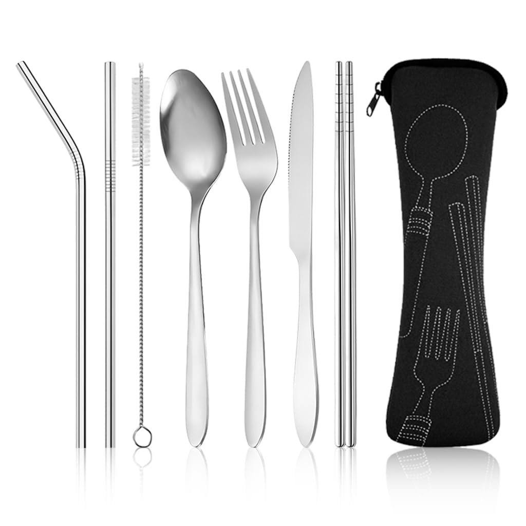 HASTHIP® Set of 7Pcs Flatware Set with Storage Bag 304 Stainless Steel Flatware with Fork, Spoon, Chopsticks, Dining Cutter, Drinking Straws, Straw Cleaning Brush Travel Cutlery Set