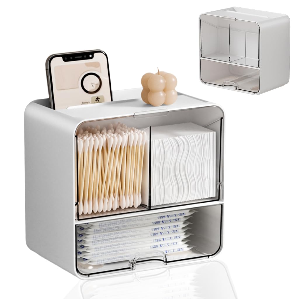 HASTHIP Bathroom Organizer for Cotton Pads and Swabs with Flip Covers 16.3x10.8x17.2 cm | Wall Mounted White Storage Case