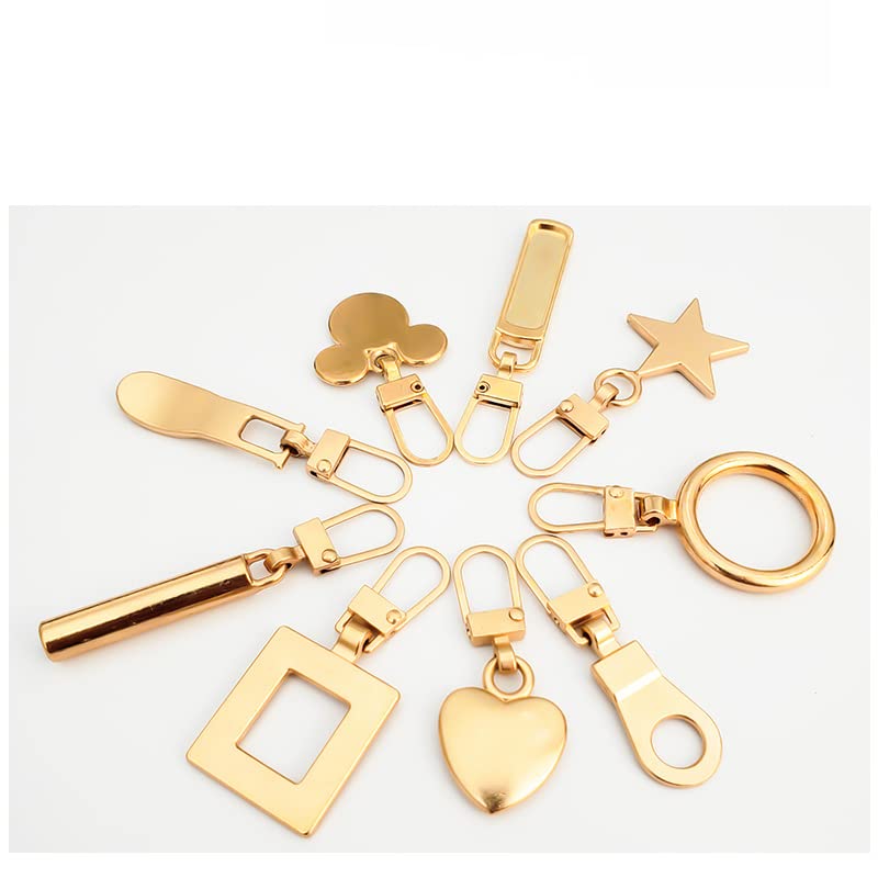 HASTHIP Metal Zipper Pull Replacement Set for Bags and Jackets with 9 Styles Gold Finish | 10pcs