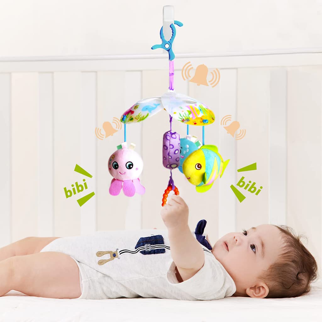 PATPAT® Hanging Toys for Babies 0-6 Months, New Born Baby Toys Rattle Crinkle Soft Toys Car Seat Plush Stroller Toy with Teethers Plush Animal C-Clip Ring for Infant Babies 3 6 9 to 12 Months - Ocean