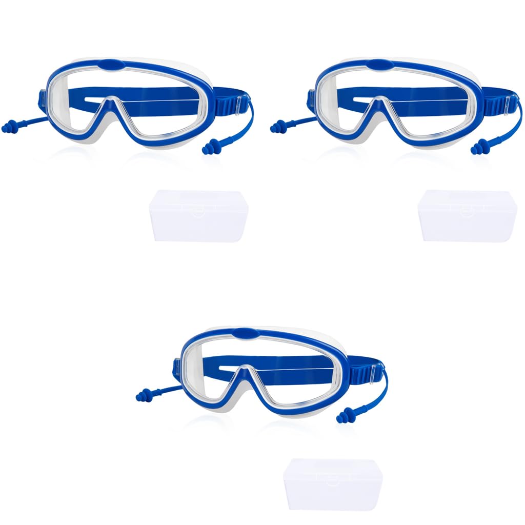 Proberos Swimming Goggles for Kids with Ear Plugs and UV Protection | 3 PCS Blue Set