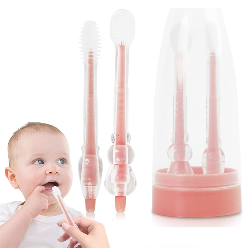 SNOWIE SOFT® Baby Oral Cleaning Brush 2Pcs Baby Toothbrush Tongue Brush BPA Free Soft Silicone Bristle Oral Care Toothbrush for Baby 6 Month to 24 Months, Pink