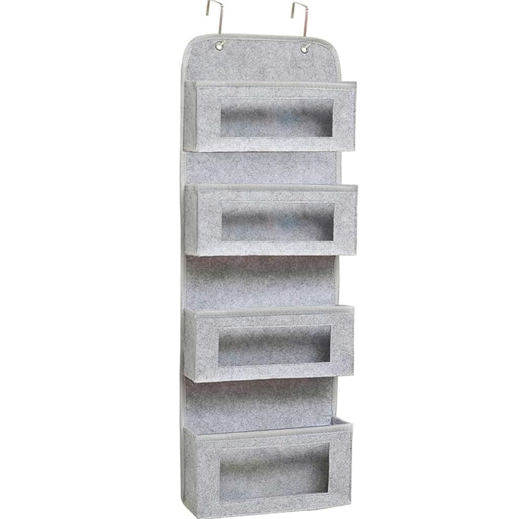 HASTHIP Over Door Organizer with 4 Felt Shelves and Clear Windows | Grey Wall Storage