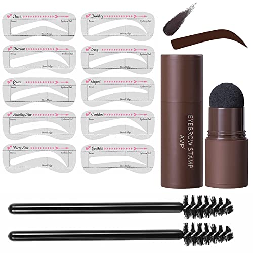 MAYCREATE® Eyebrow Stamp Stencil Kit, One Step Eyebrow Stamp Waterproof Long Lasting, Eyebrow Stamp Makeup Tools, 10 Reusable Eyebrow Stencils Shape Thicker with 2 Eyebrow Pen Brushes(Dark Gray)