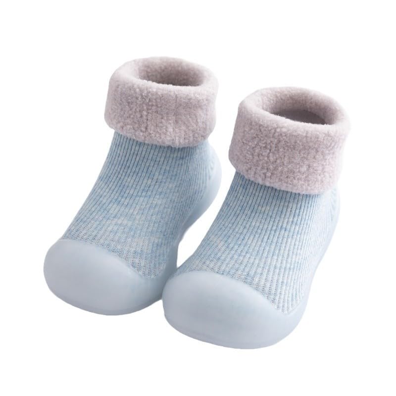 SNOWIE SOFT® Winter Baby Toddler Sock-Shoes, Warm Plush Liner Ribbed Floor Socks Anti-skid Rubber Sole, Toddler Winter Crew Socks Grip Socks for Toddlers UK 1.5-2.5 Size, Inner Length 11.5cm, Blue