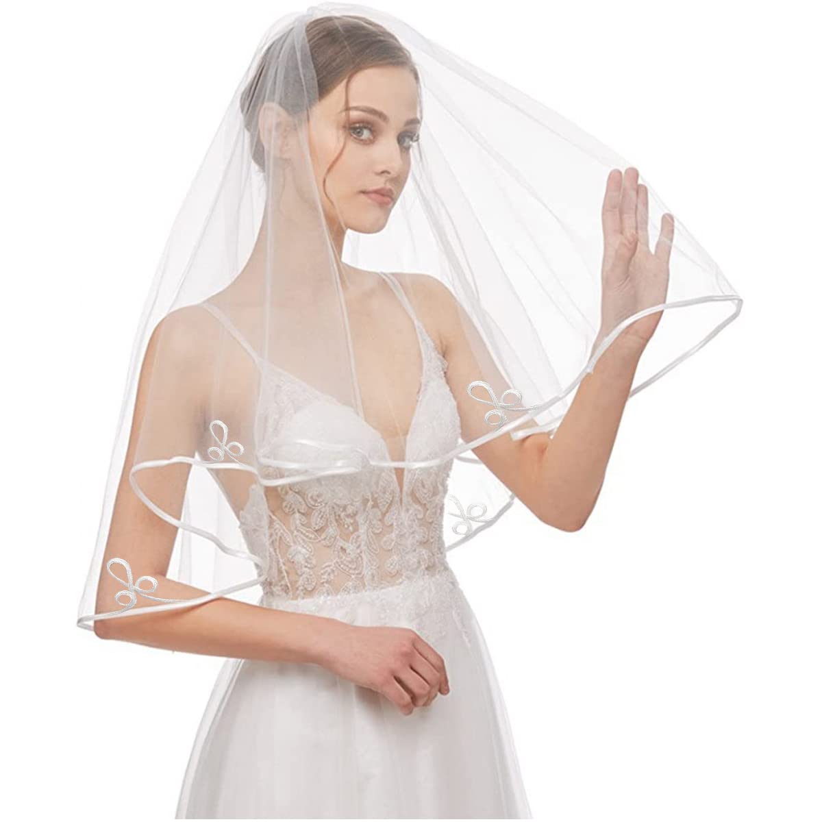 PALAY® Bridal Veil for Wedding White 1.5m Elegant Bridal Veil for Christian Wedding Veil Bride Center Cascade Edged Tulle Short Veil