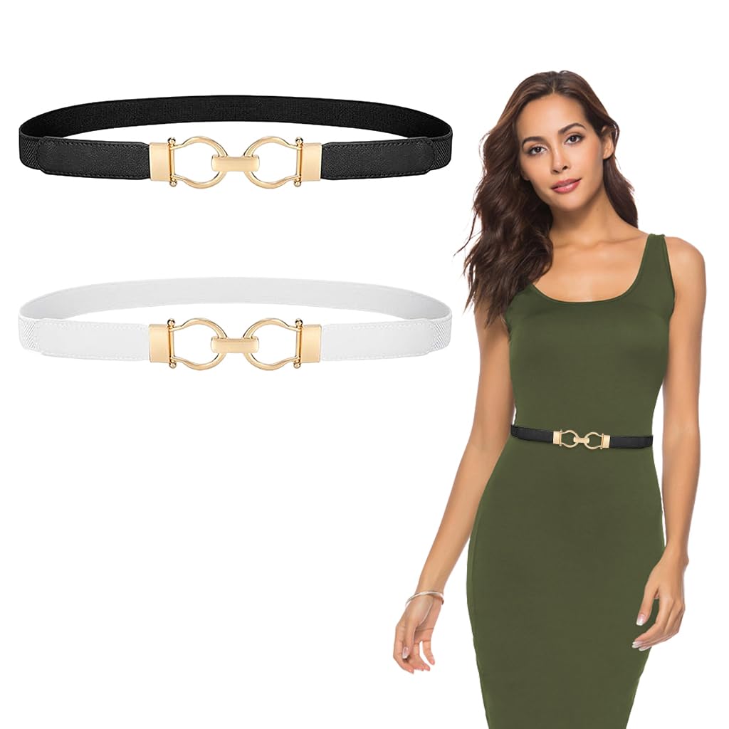SANNIDHI Stretchy Belt for Women with Chic Gold Metal Buckle and Elastic Fit 64–75 cm | Black & White Dresses