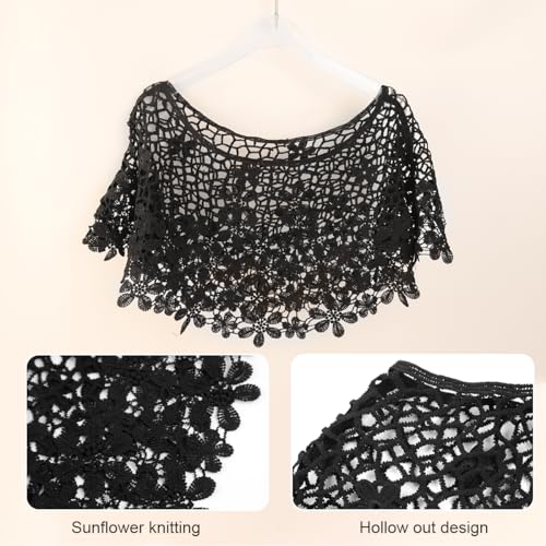 PALAY® Knitted Shawl Capes for Women Crochet Floral Pattern Poncho Cover Up Shawl Beach Wear Knitted Loose Shrugs Top for Women for Off-shoulder, Beachwear, Gown, Strapless, Black 2 PCS