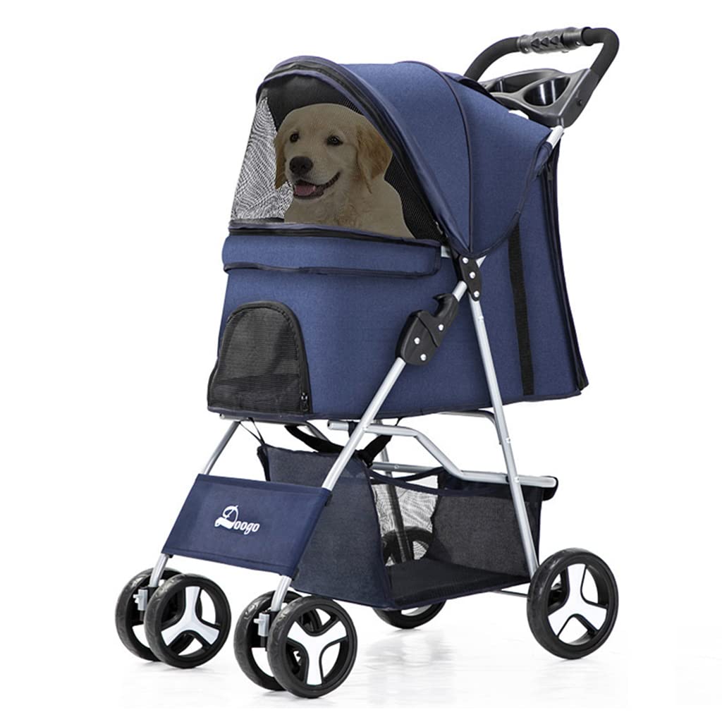 Qpets® 4 Wheels Foldable Pets Stroller for Dogs and Cats with Sunvisor, Brake Wheel, Storage Case, Cup Holder Multifunction Dog Cat Cage Jogger Stroller for Medium Small Dogs Cat(Under 15KG)