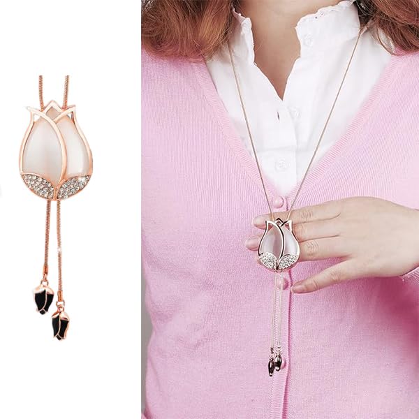Zibuyu Rose Gold Opera Necklace for Women with Opal Tulip Pendant and Rhinestones | Elegant Accessory for Gowns and Dress Shirts