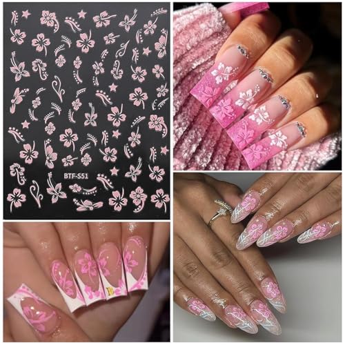 MAYCREATE 6Pcs Hibiscus Flower Nail Stickers, Nail Decals 3D Self-Adhesive Flower Pattern Summer Hibiscus Nail Design French Tip Nail Stickers Summer DIY Nail Decoration for Women