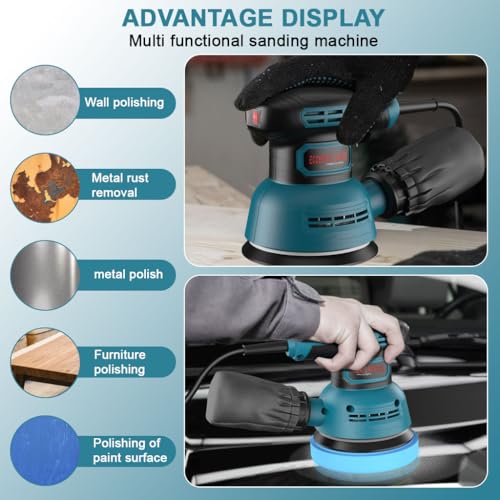 Serplex® 300W Electric Sander Tool with 5pcs Sandpaper Low Vibration 5000-12000RPM Electric Palm Sander 6 Variable Speeds Woodworking Hand Sanders for Sanding and Polishing