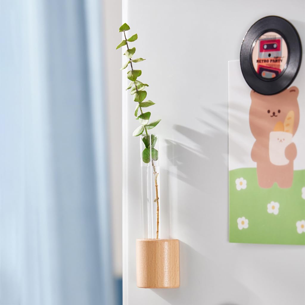 HASTHIP Fridge Magnet Hydroponics Tube for Home Decor with Magnetic Wooden Holder | Fresh Green Style