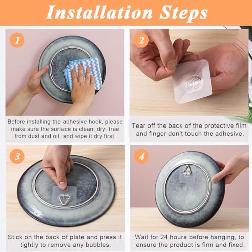 HASTHIP® 40PCS Wall Plate Hanger Display Holder Self Adhesive Plates Hanging Hook for Displaying 2.4 Inches Triangle Stainless Steel Hooks Home Decoration