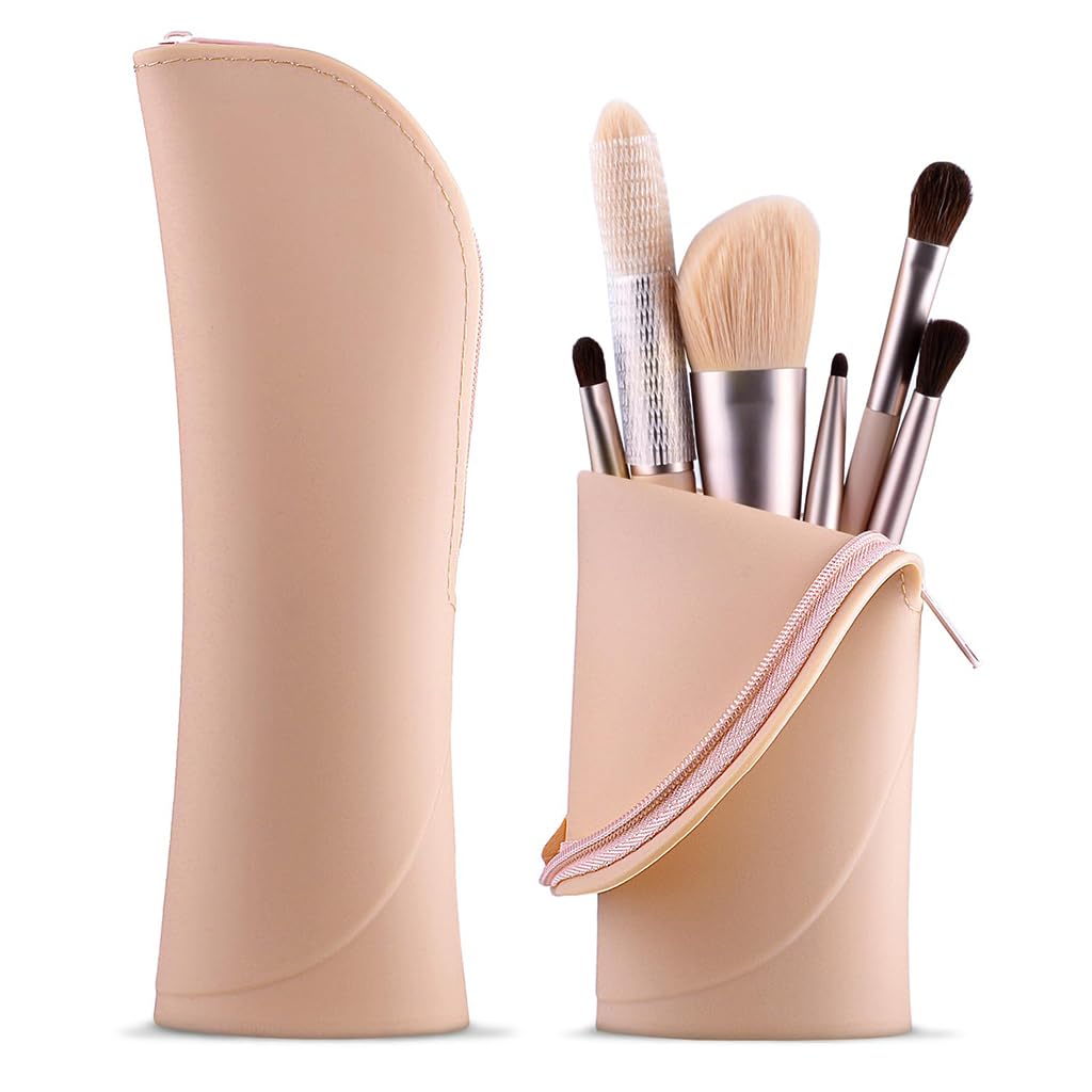 MAYCREATE® Makeup Brush Holder Silicone Makeup Brush Organizer Travel Makeup Brush Zipper Pouch Stand-up Desk Make up Brush Case Small Cute Cosmetic Bag Mini Makeup Pouch, 6.3x20.3cm