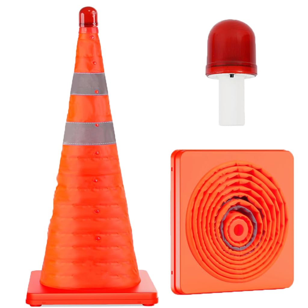 STHIRA Foldable Traffic Cone for Roadwork and Parking with LED Light 28 in Bright Orange | Reflective and UV‑Resistant Safety Cone