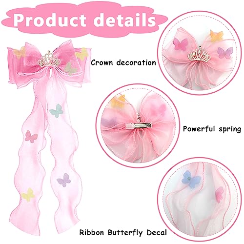 SANNIDHI® 3pcs Ribbon Bow Hair Clips for Girls, Rhinestone Crown Hair Bows Clip Set, Cute Stylish Butterfly Applique Hair Accessories for Kids Toddler Girls Princess Dress up